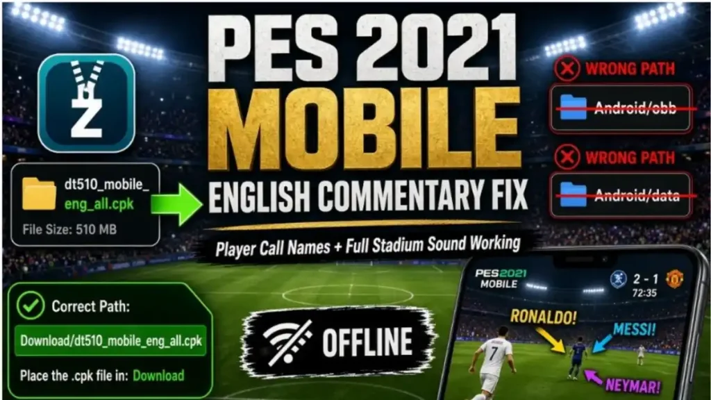 PES 2021 Mobile English Commentary Fix dt510_mobile_eng_all.cpk Install Guide